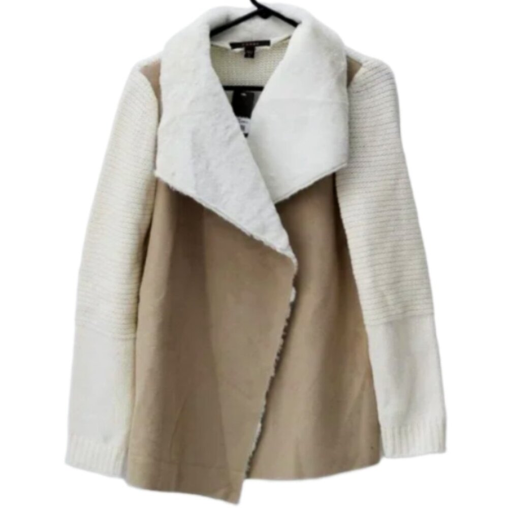 Fever‎ Women's Beige/Tan Cascade Collar Faux Suede Sherpa Knit Jacket Small NWT - Picture 6 of 11
